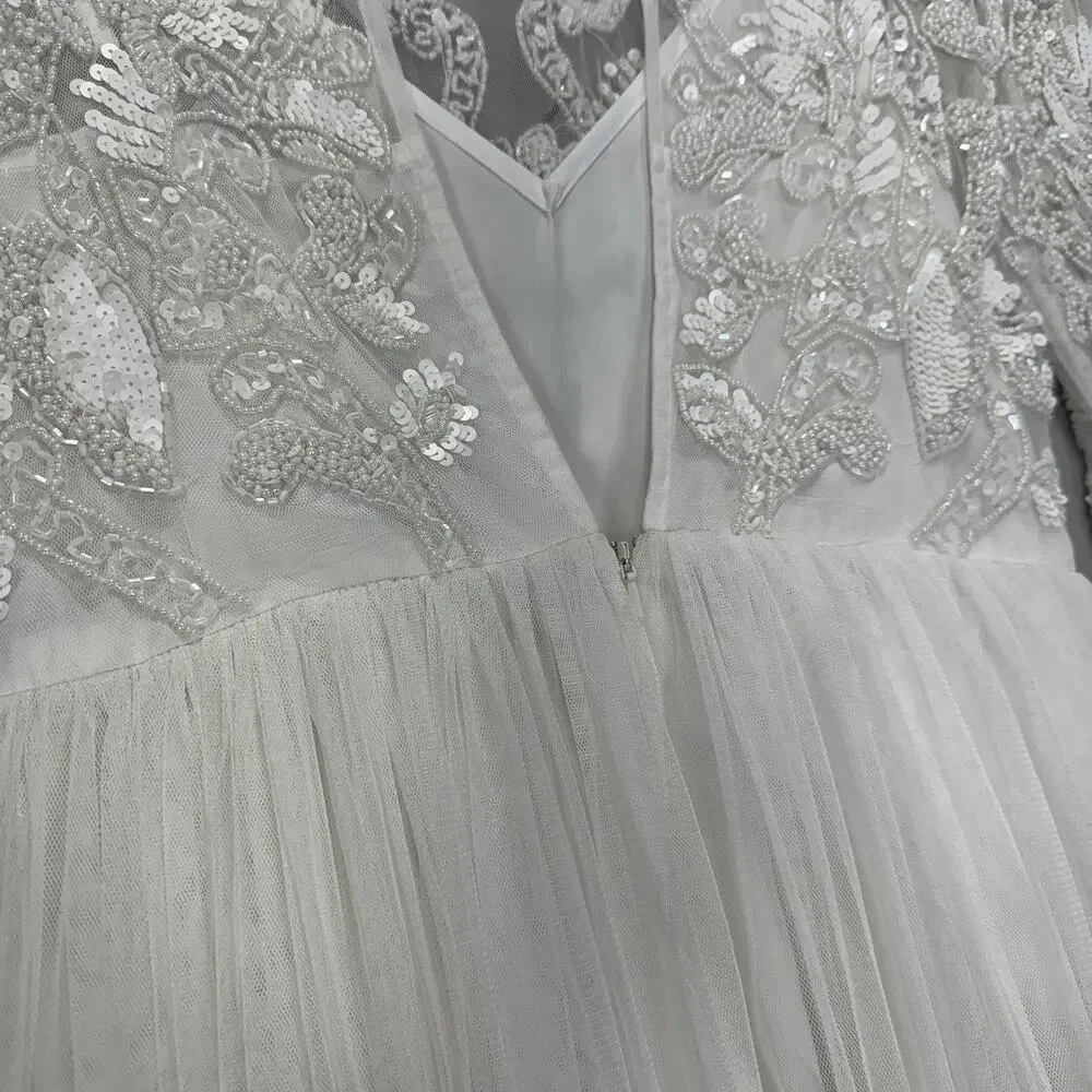 ASOS Bridal Elizabeth Long Sleeve Wedding Dress Womens 8 White Beaded Tulle Gown - Picture 5 of 14